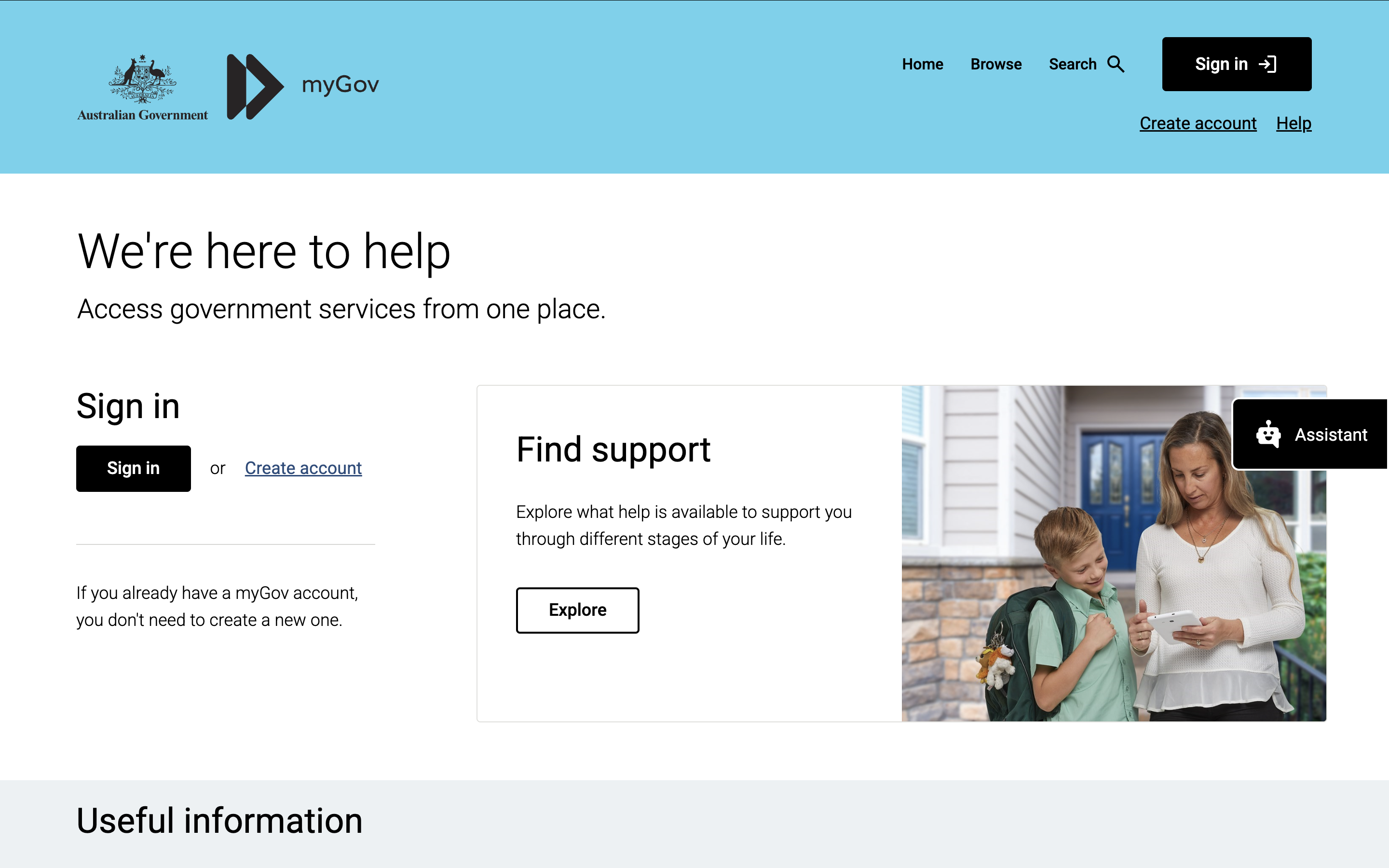 myGovのトップページ。右上のSign inボタンからサインインする