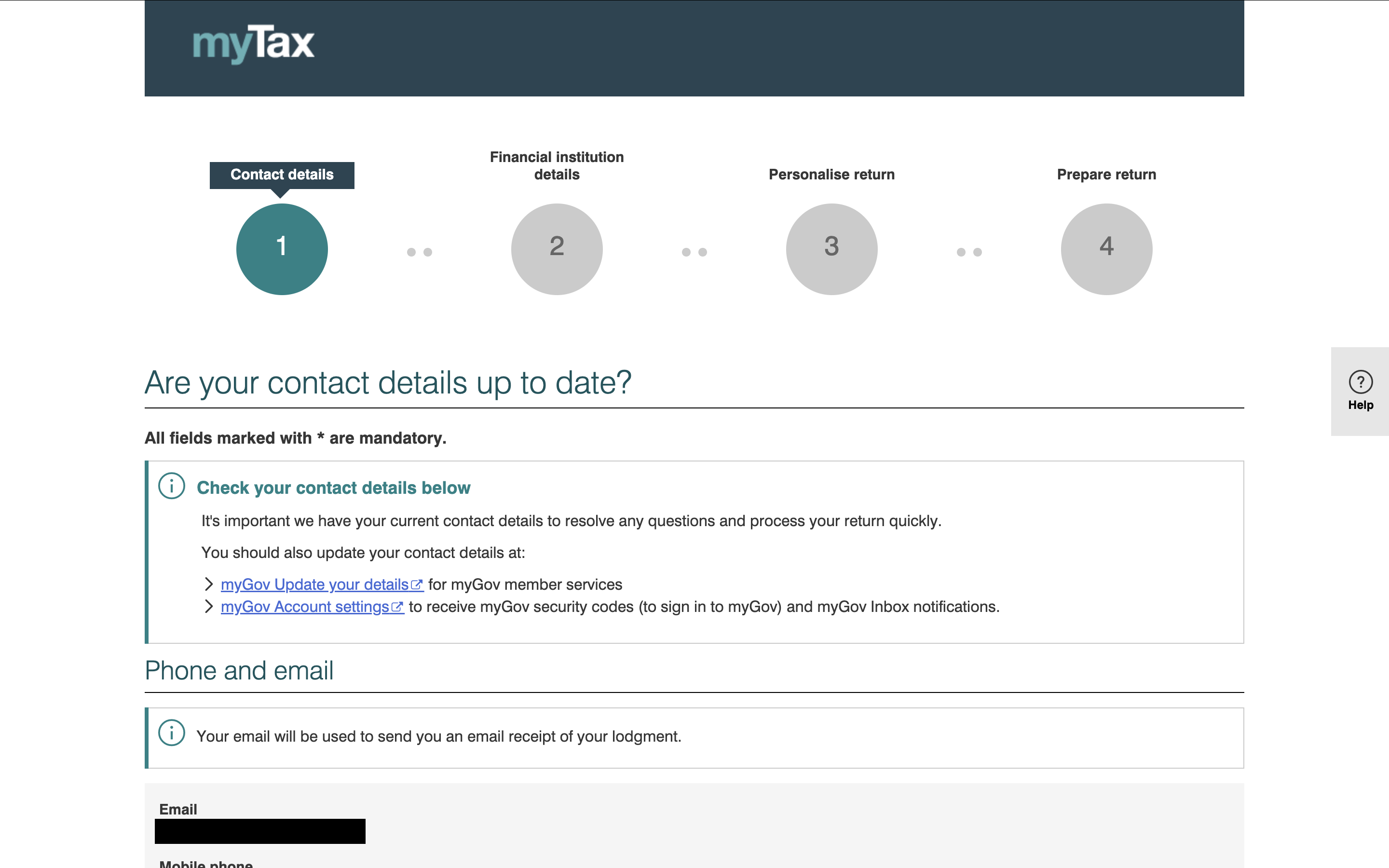 myTaxの進行バー。Contact details、Financial institution details、Personalise return、Prepare returnの4ステップ
