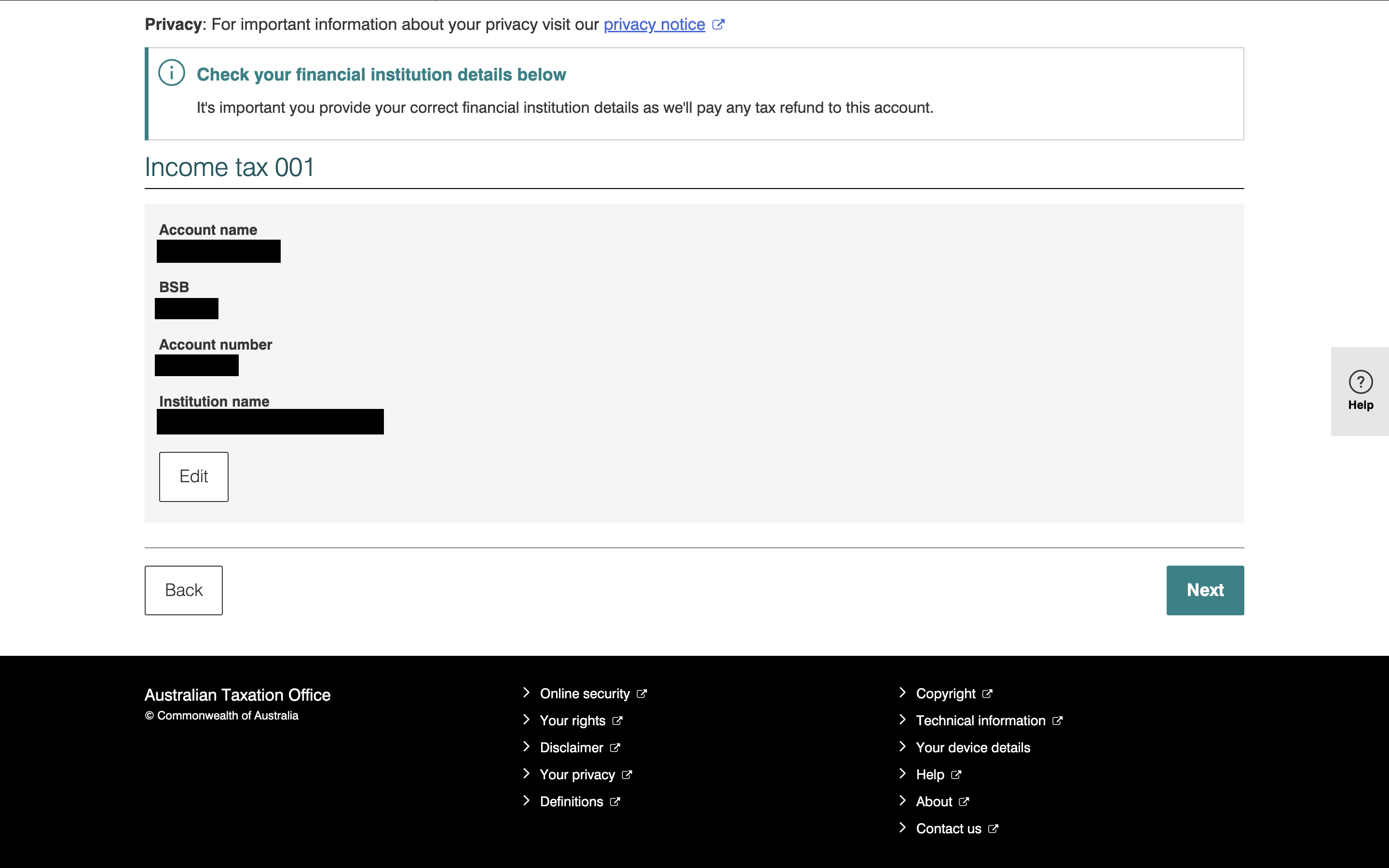 myTaxのFinancial institution details画面。Account name、BSB、Account number、Institution nameの入力欄