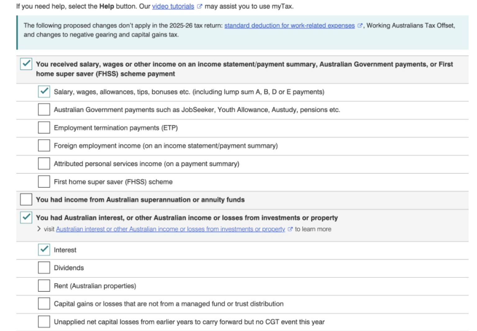 Personalise return画面の収入項目。Salary, wages, allowances, tips, bonusesにチェックが入っている