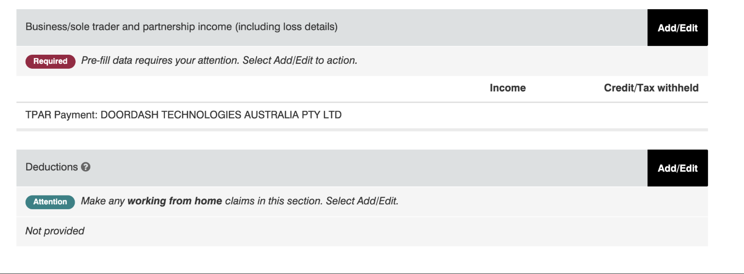 Business/sole trader and partnership income画面。TPAR PaymentとしてDOORDASH TECHNOLOGIES AUSTRALIA PTY LTDが表示され、Requiredバッジが出ている
