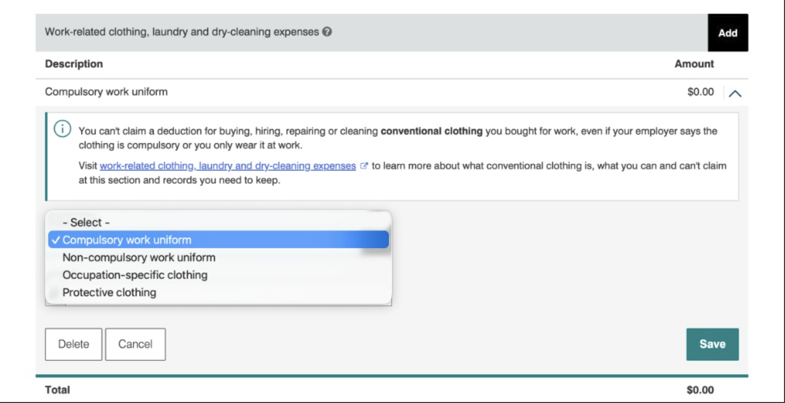 Work-related clothing, laundry and dry-cleaning expenses画面。Descriptionのドロップダウンに4つの選択肢が表示されている
