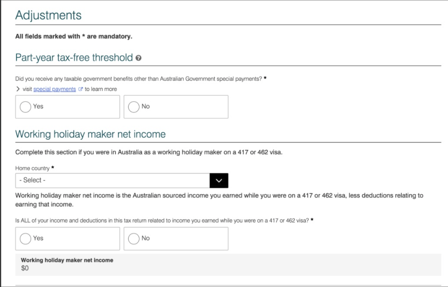 Adjustments画面。Part-year tax-free thresholdとWorking holiday maker net incomeのセクション